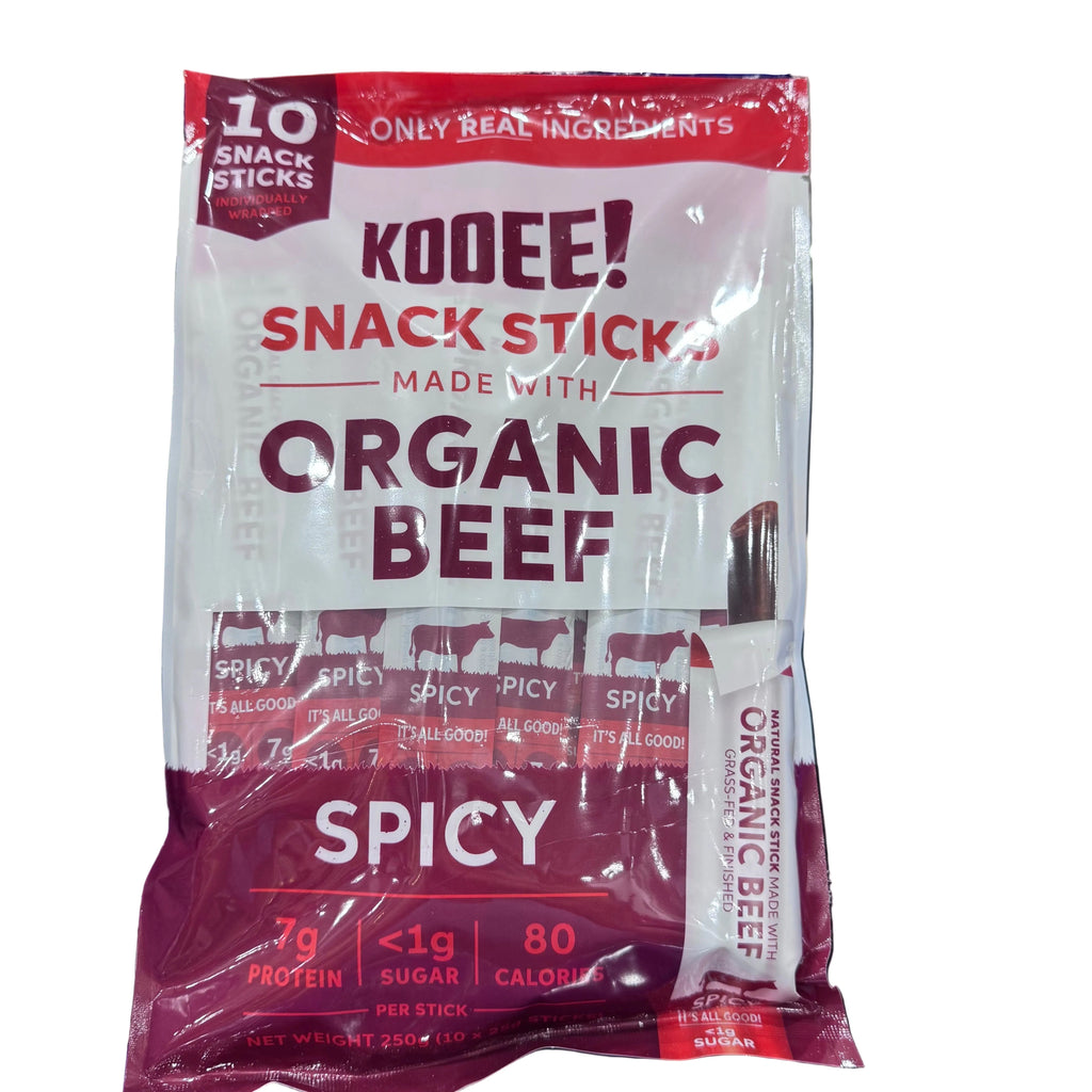 KOOEE! Organic Beef Snack Sticks - Spicy (250g - 10 Pack)