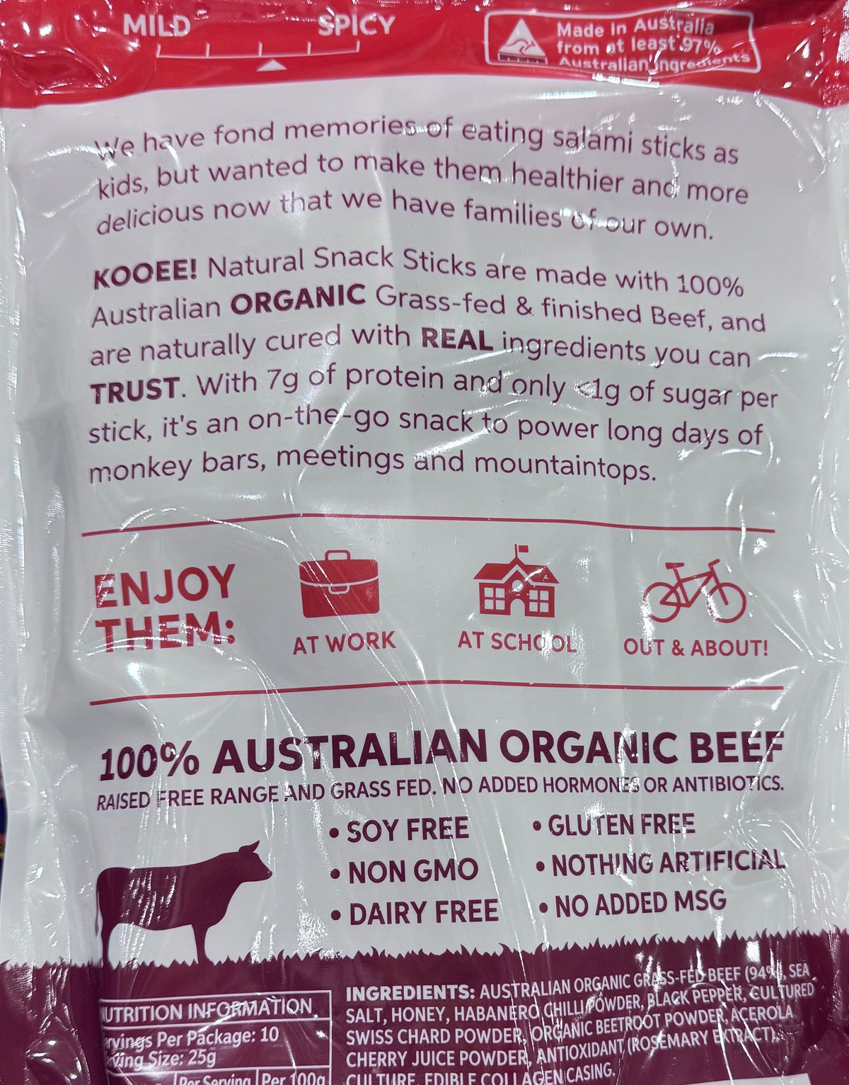KOOEE! Organic Beef Snack Sticks - Spicy (250g - 10 Pack)