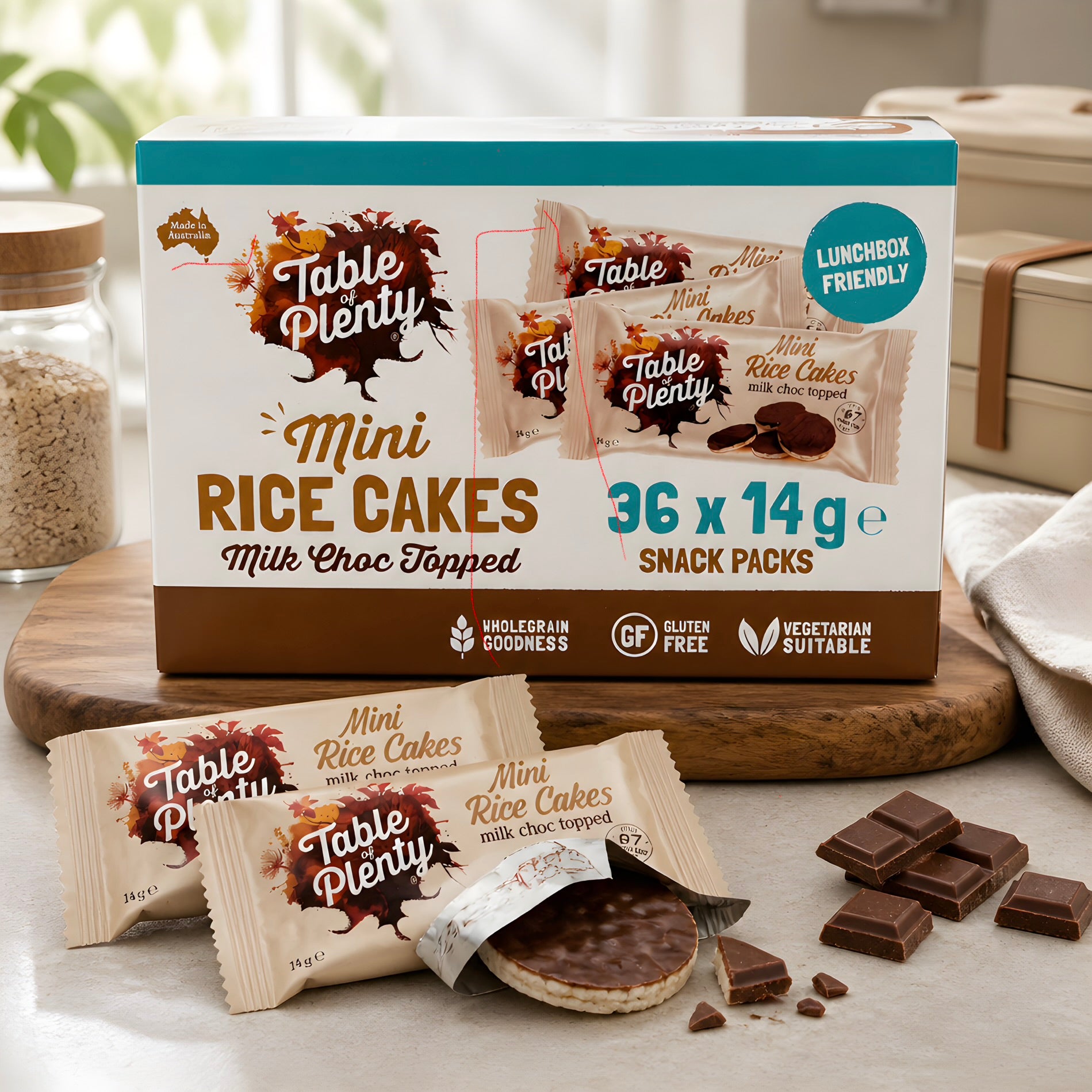 Table of Plenty Mini Rice Cakes Milk Chocolate Topped 36 X 14g Snack Packs