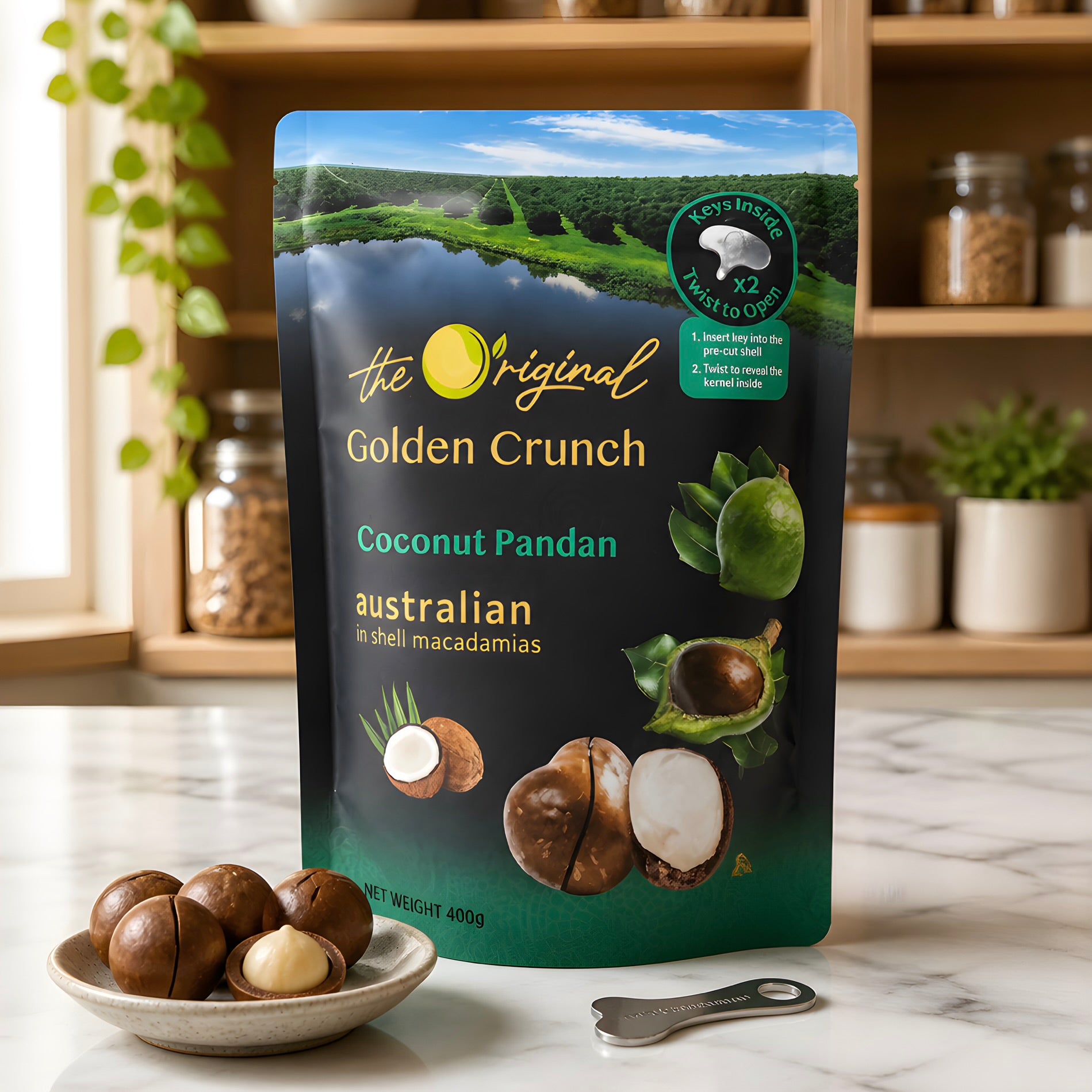 The Original Golden Crunch Coconut Pandan Inshell Macadamias 400G, 100% AU Grown