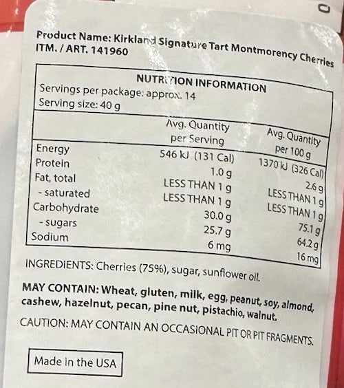 2x 567g Kirkland USA Organic Dried Tart Montmorency Cherries Resealable Healthy