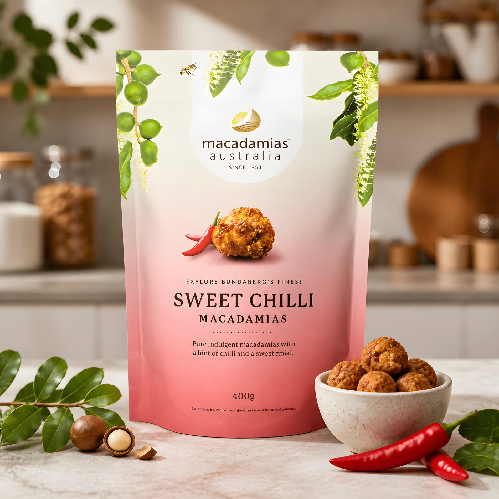 Premium Australian Macadamias Nuts Sweet Chilli 400g Lunch School Office Snack