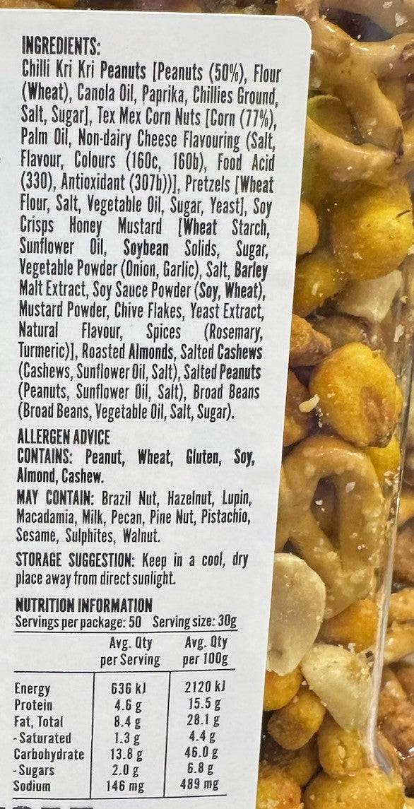 JC's Quality Foods The Pub Mix 1.5kg Mixed Nuts Pretzels Salted Party Snack Tub