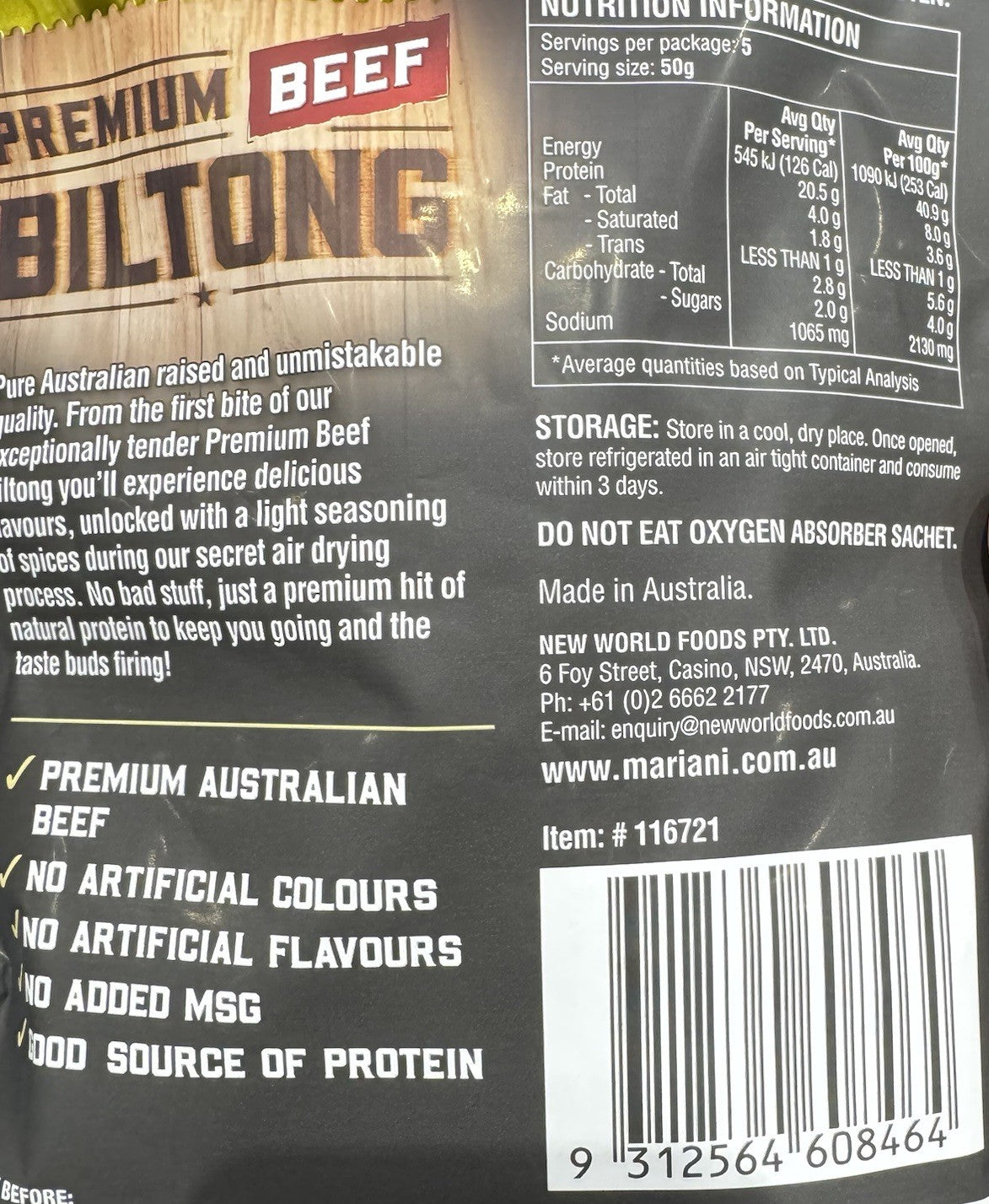 Mariani Beef Biltong Chilli 250g x2 High Protein Keto Australian Made Snack