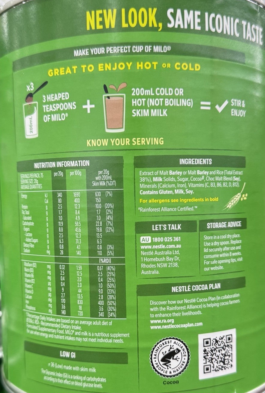 Nestle Milo Chocolate 1.5kg Malted Energy Powder Drink Tin Low GI Nutrient Rich
