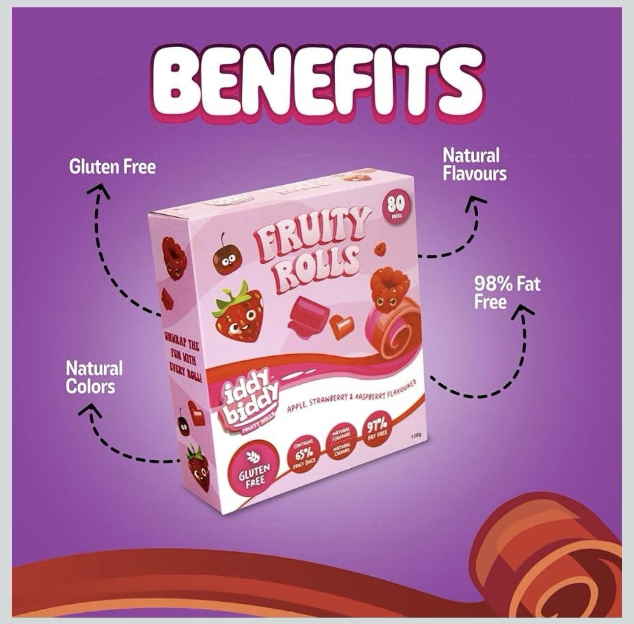 80Pack Iddy Biddy Apple Strawberry/Raspberry Flavour Fruity Rolls 800G(80 x 10g)