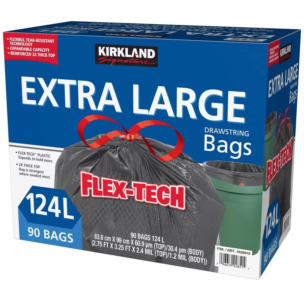 Kirkland Signature Extra Large Drawstring Trash Bags Flex-Tech, Black, 124L, 90