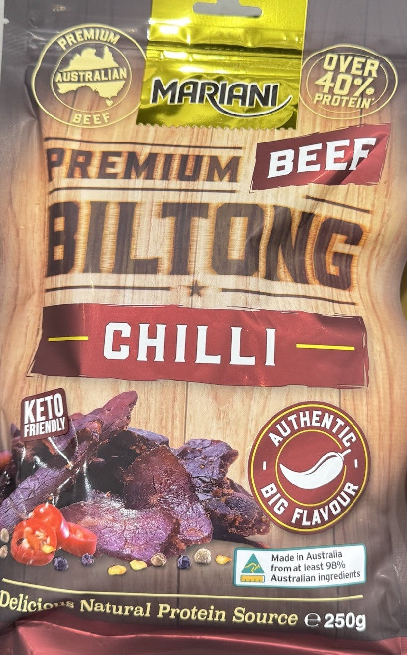 Mariani Beef Biltong Chilli 250g x2 High Protein Keto Australian Made Snack