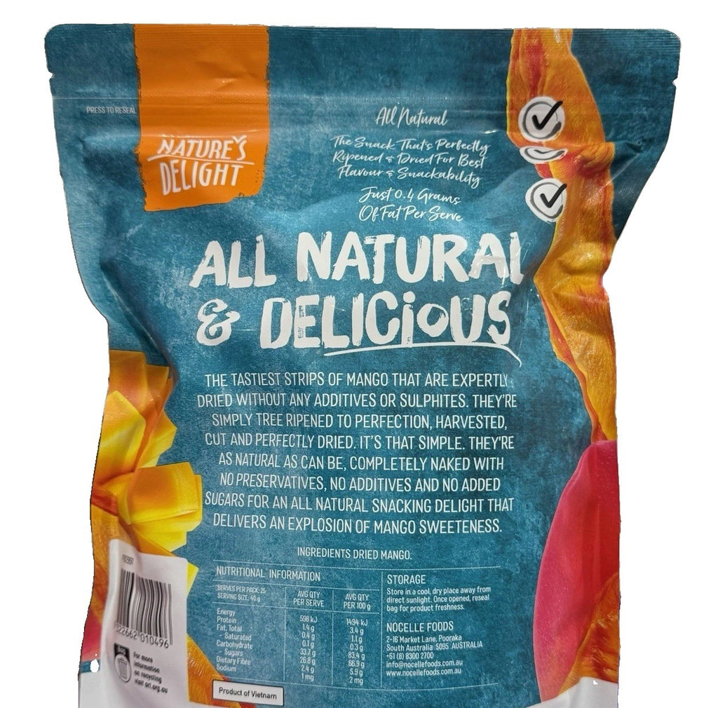 Nature's Delight 100% Natural Dried Mango 1kg No Added Sugar Snack Fruit Strips