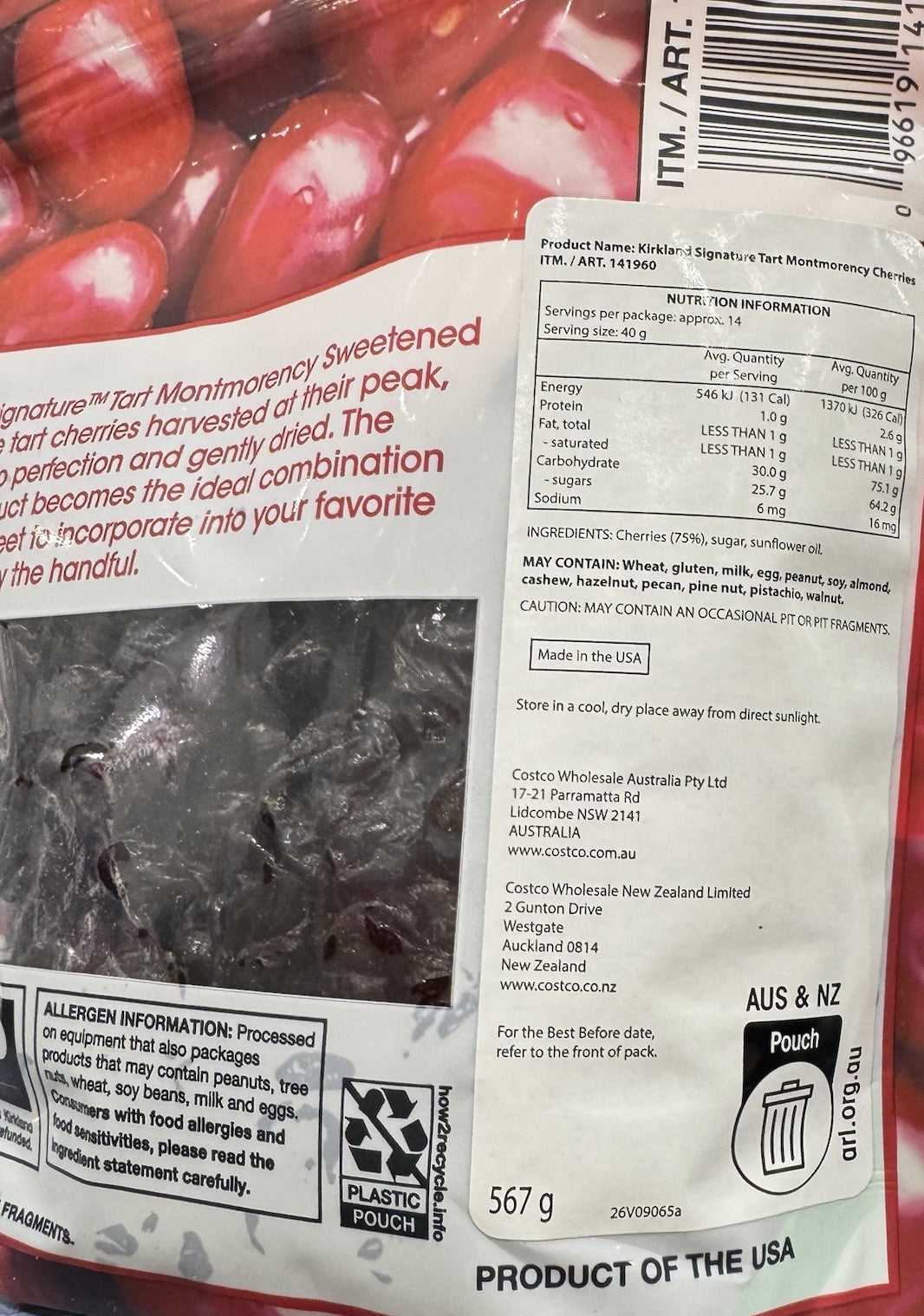 Kirkland Signature Whole Dried Tart Montmorency Cherries Sweetened 567g
