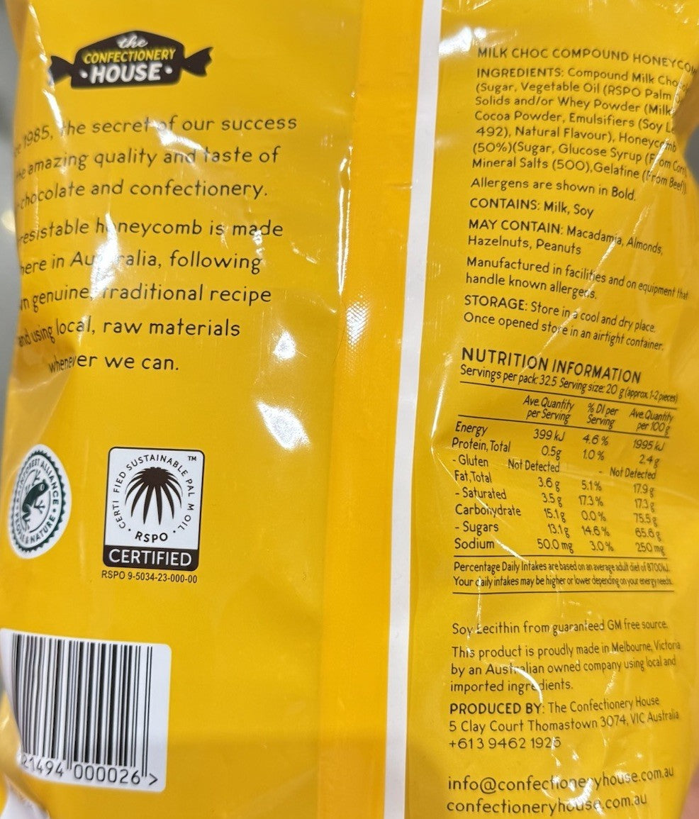 The Confectionery House Milk Chocolate Honeycomb 650g Crunchy Gluten Free