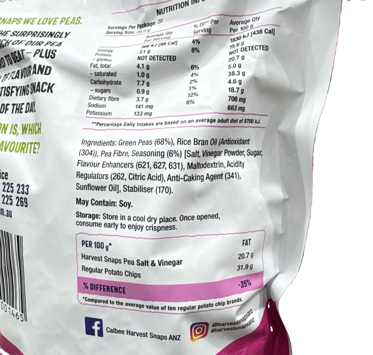 Calbee Harvest Snaps Salt & Vinegar Baked Pea Crisps Snack Chips 400g Big Pack