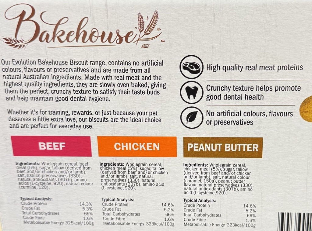 Bakehouse Baked Dog Biscuits Beef Chicken Peanut Butter (3 X 750g) Pet Food Only