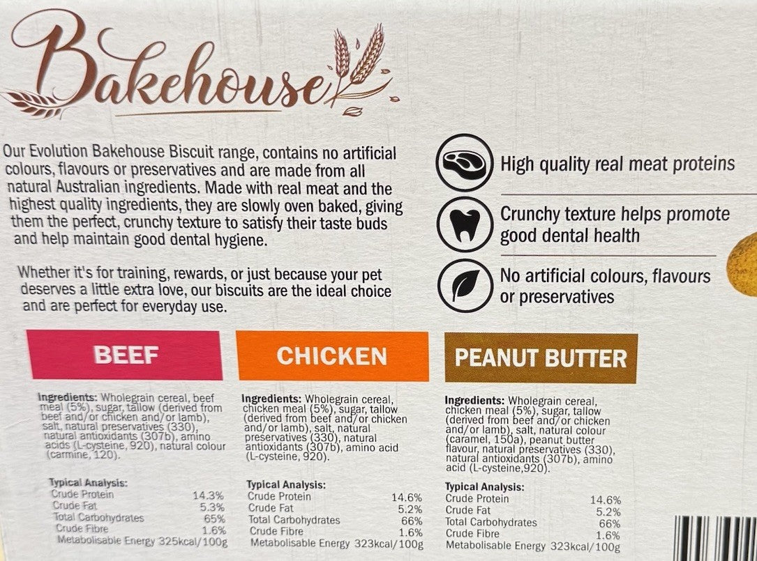 Bakehouse Baked Dog Biscuits Beef Chicken Peanut Butter (3 X 750g) Pet Food Only