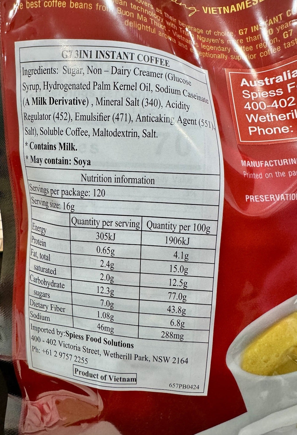 Trung Nguyen Vietnamese G7 Instant Coffee 1.92kg Mix Sugar Creamer 120 Packs