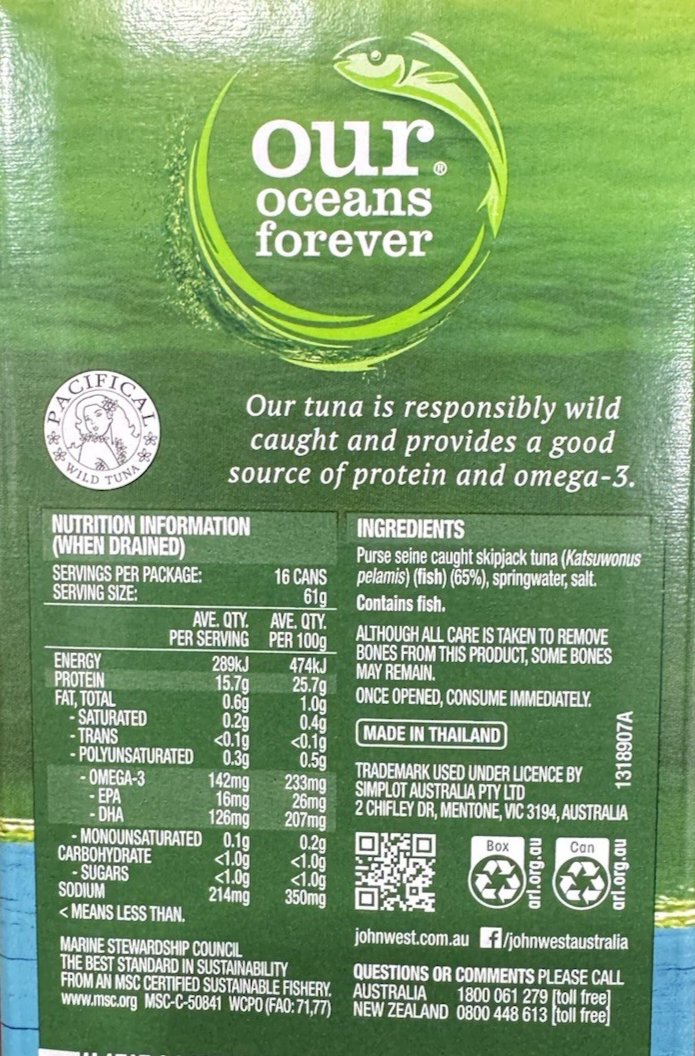John West Canned Chunky Tuna (16 x 95g) In Springwater Kids Healthy Lunch Snack