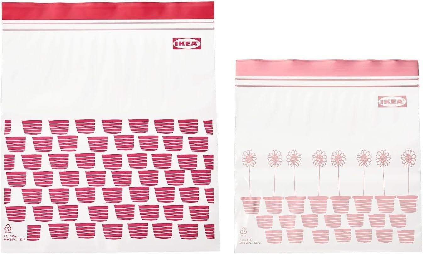 2 x IKEA ISTAD Freezer Bags Red Pink 100pk, Resealable Food,(50x1.2L & 50x2.5L)