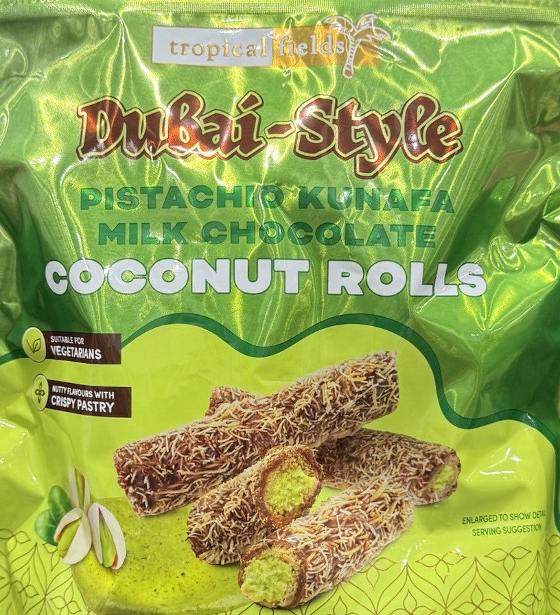 Tropical Fields Dubai-Style Pistachio Kunafa Milk Chocolate Coconut Rolls 400g