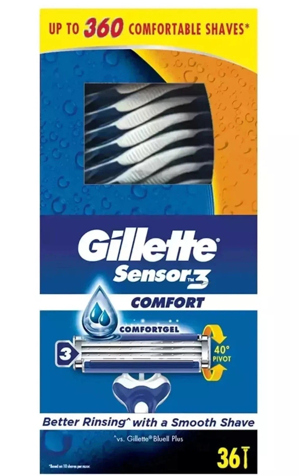 Gillette Sensor3 Disposable Pivoting Head Anti-slip Rubber Handle Mel 36 Pack