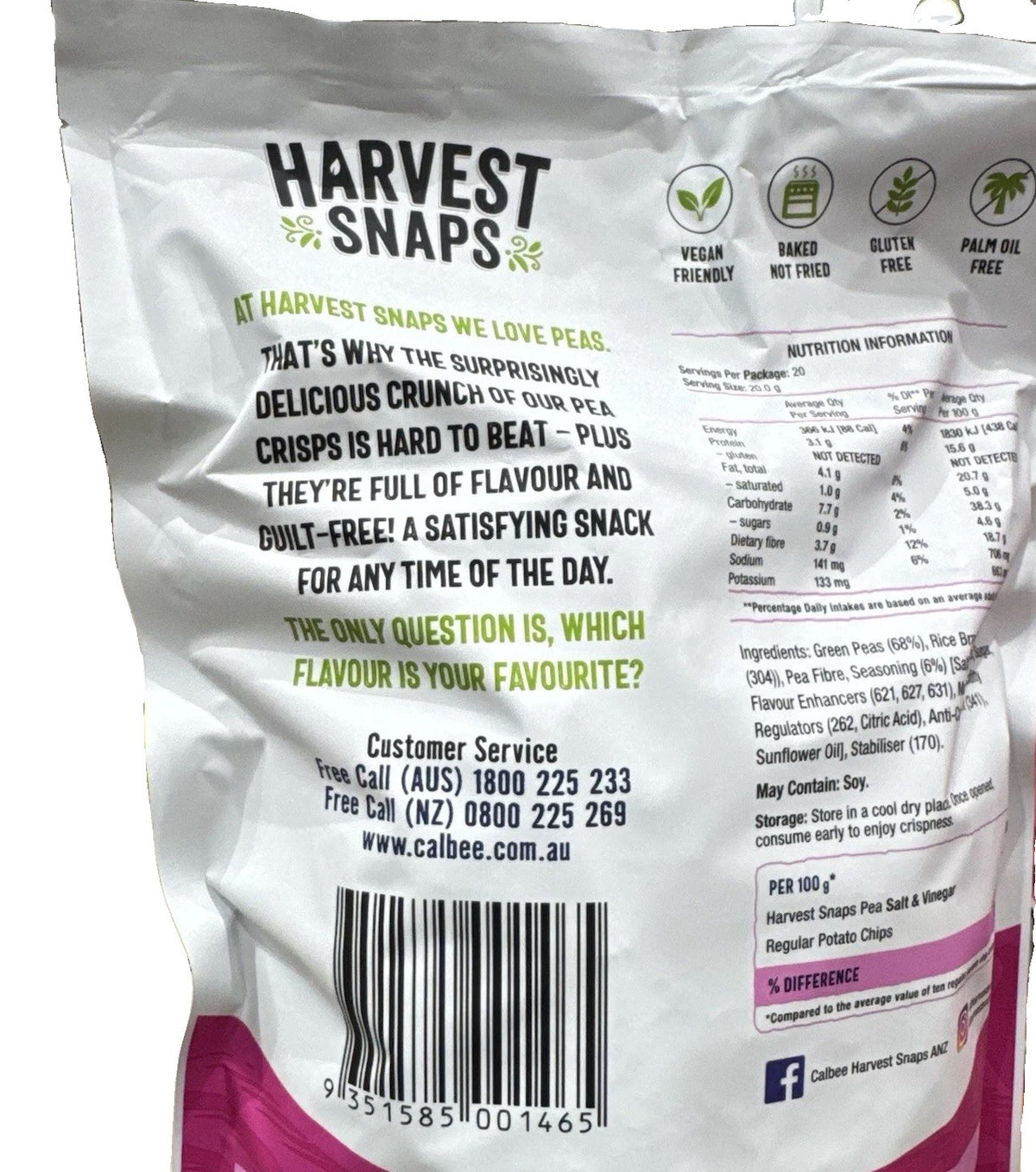 Calbee Harvest Snaps Salt & Vinegar Baked Pea Crisps Snack Chips 400g Big Pack