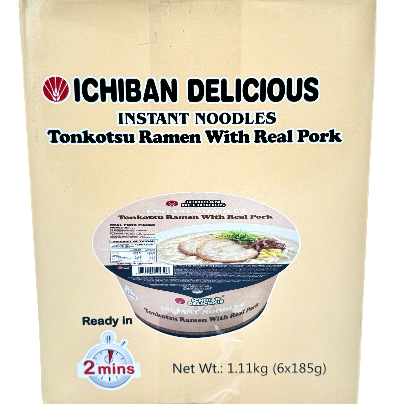 Ichiban Delicious Instant Bowl Noodles Tonkotsu Ramen with Real Pork 6x185g