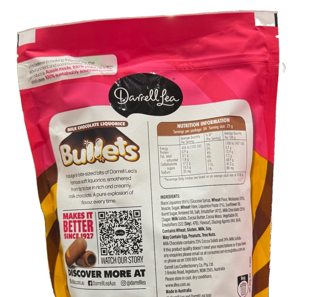 Darrell Lea Milk Chocolate Liquorice Bullets 850g Aussie Lollies Sweets Snack