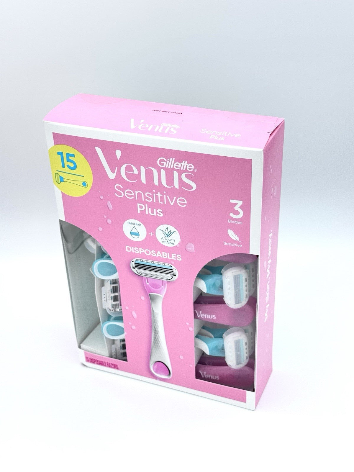 Gillette Venus Sensitive Plus Disposable Razor, 15 Count, 3 Blades Skin Elixir