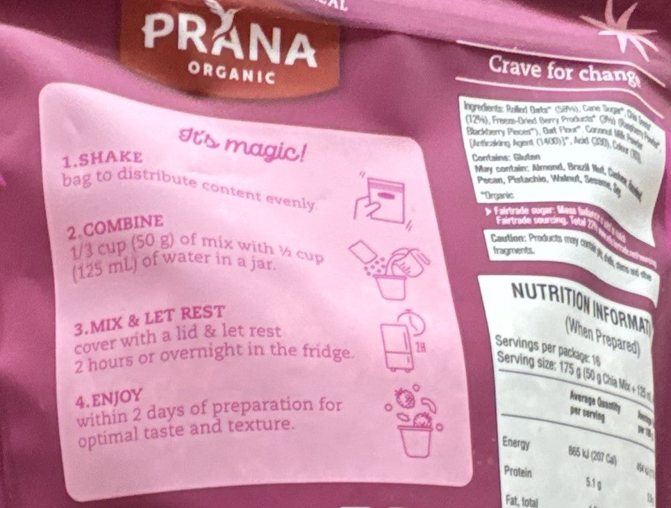 Prana Organic Overnight Chia & Oats Berry Fairy 800g Healthy Breakfast Vegan