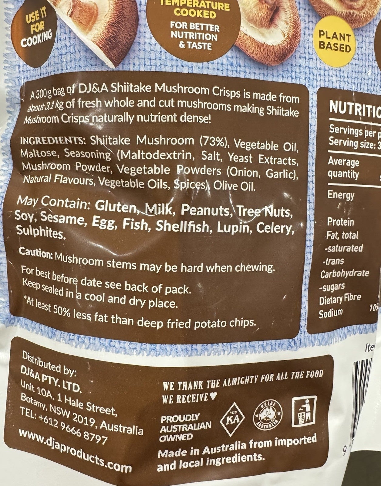 3 Pack x DJ&A Shiitake Mushroom Crisps 300g Lightly Cooked & Seasoned Value Pack