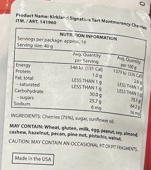 Kirkland Signature Whole Dried Tart Montmorency Cherries Sweetened 567g