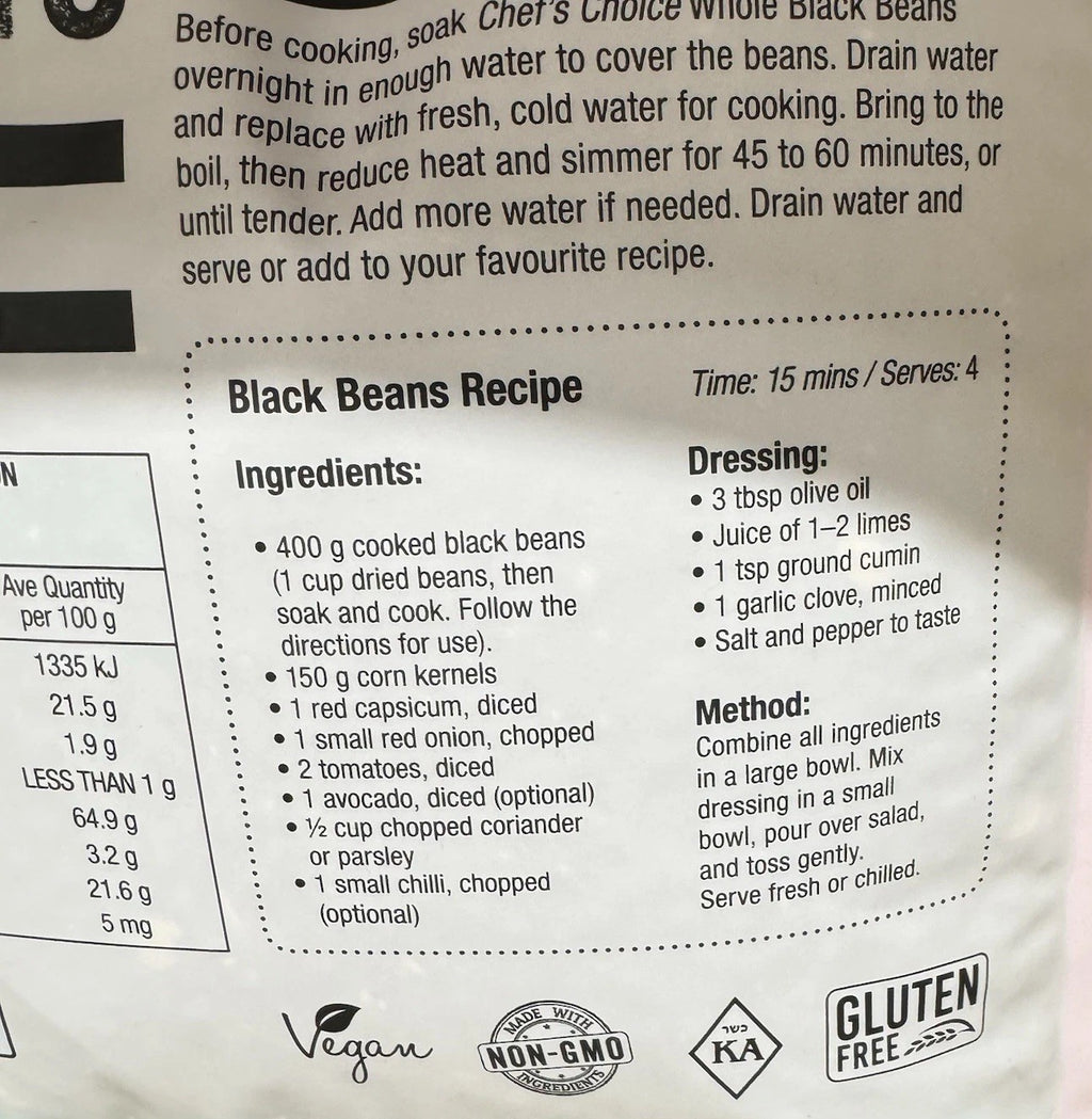 Chef's Choice Natural Black Beans 5kg Vegan Gluten Free Non GMO Kosher