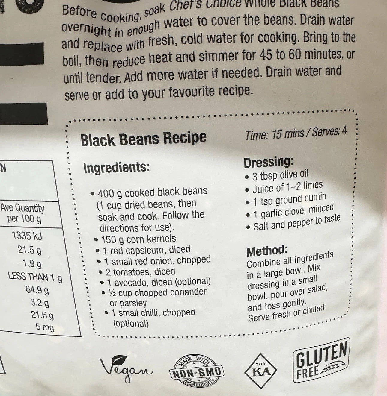 Chef's Choice Natural Black Beans 5kg Vegan Gluten Free Non GMO Kosher