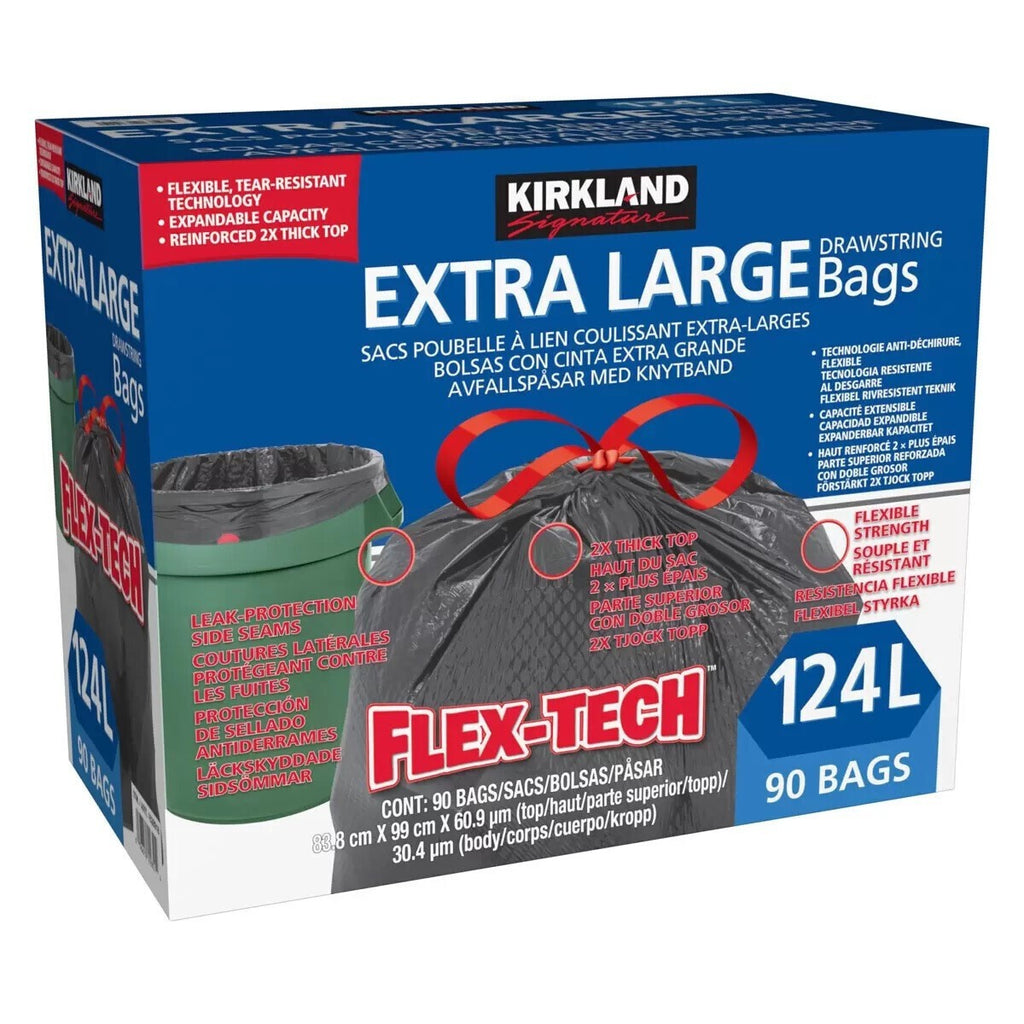 Kirkland Signature Extra Large Drawstring Trash Bags Flex-Tech, Black, 124L, 90