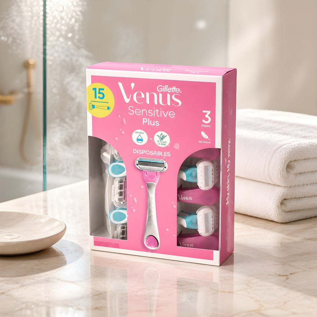 Gillette Venus Sensitive Plus Disposable Razor, 15 Count, 3 Blades Skin Elixir