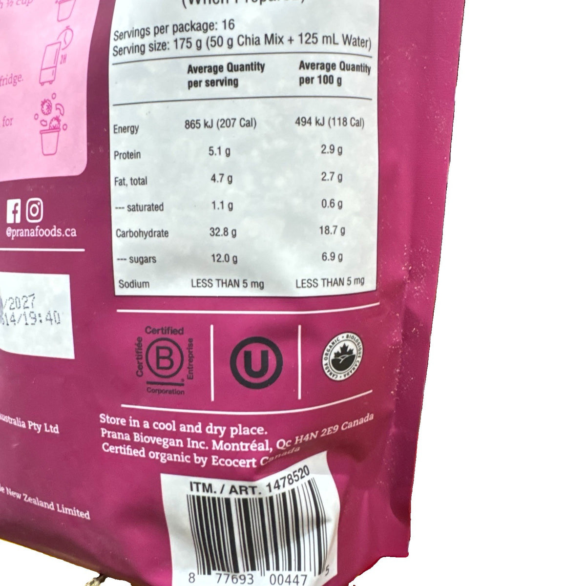 Prana Organic Overnight Chia & Oats Berry Fairy 800g Healthy Breakfast Vegan