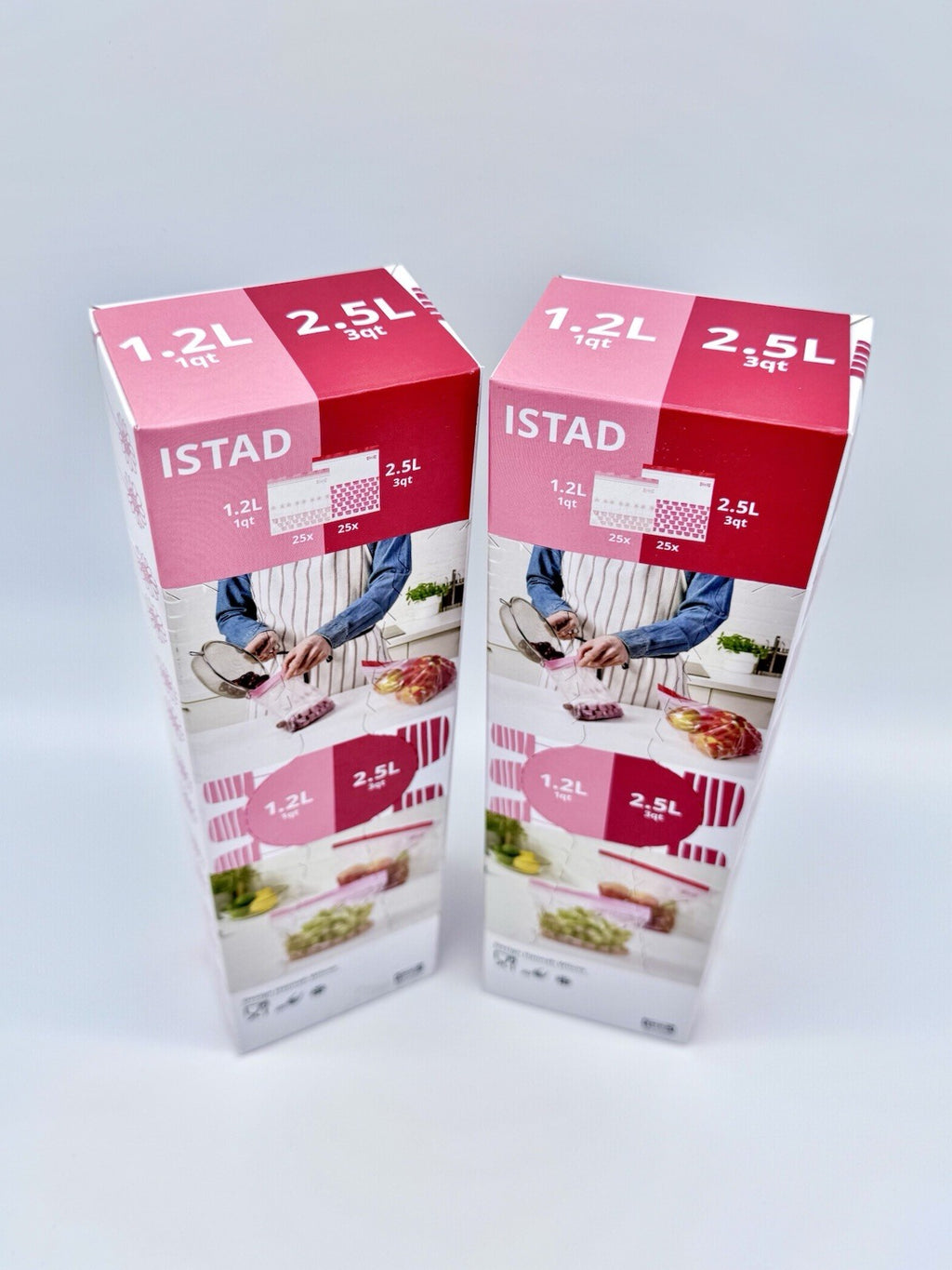 2 x IKEA ISTAD Freezer Bags Red Pink 100pk, Resealable Food,(50x1.2L & 50x2.5L)