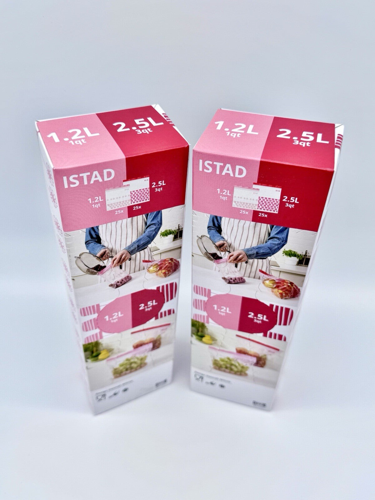 2 x IKEA ISTAD Freezer Bags Red Pink 100pk, Resealable Food,(50x1.2L & 50x2.5L)