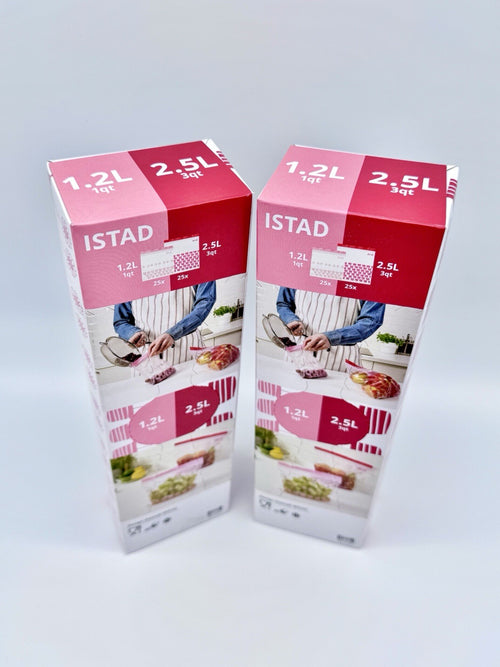 2 x IKEA ISTAD Freezer Bags Red Pink 100pk, Resealable Food,(50x1.2L & 50x2.5L)