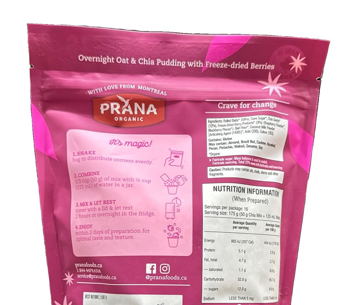 Prana Organic Overnight Chia & Oats Berry Fairy 800g Healthy Breakfast Vegan