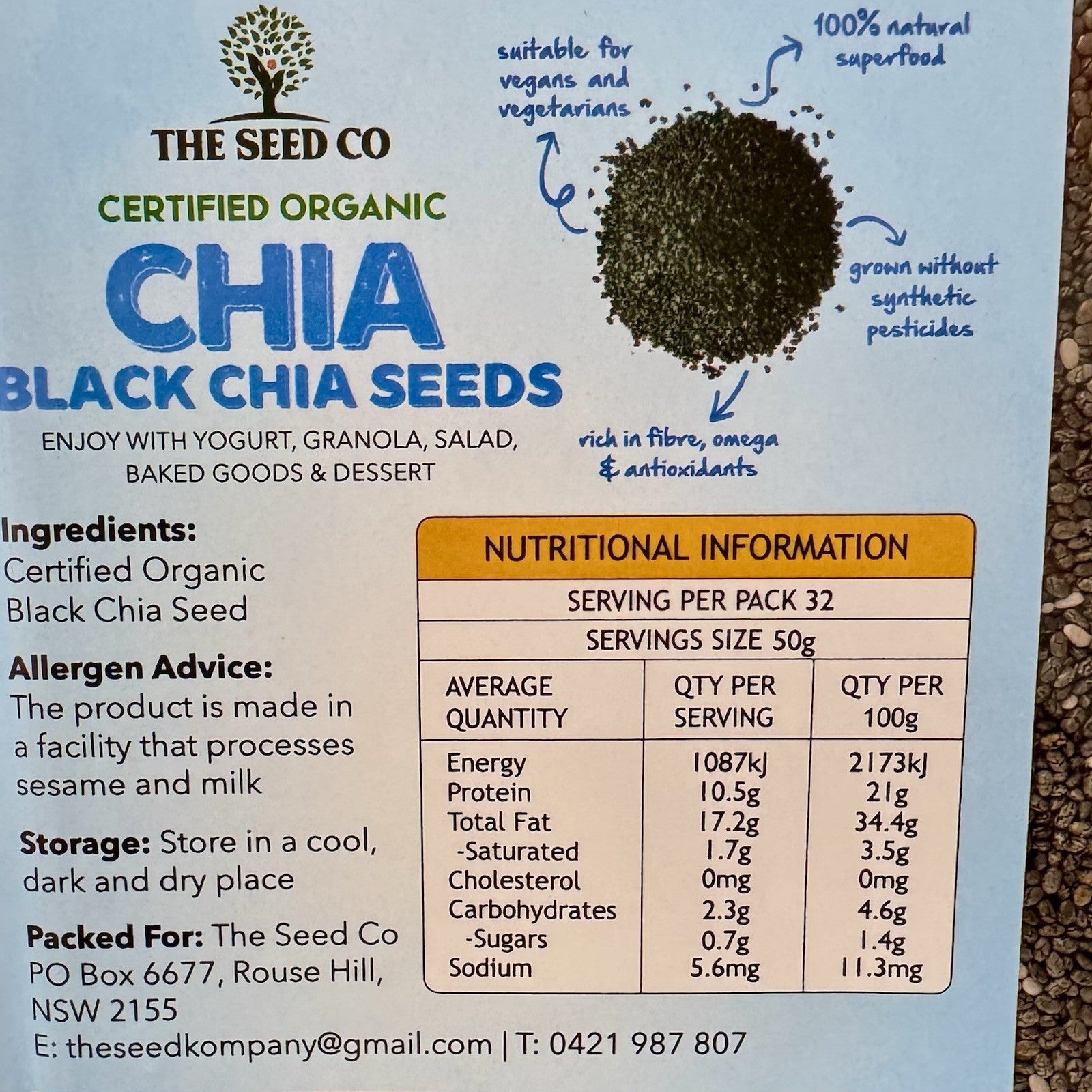 The Seed Co Certified Organic CHIA 1.6kg Black Chia Seeds GMO Free Omega 3-6-9