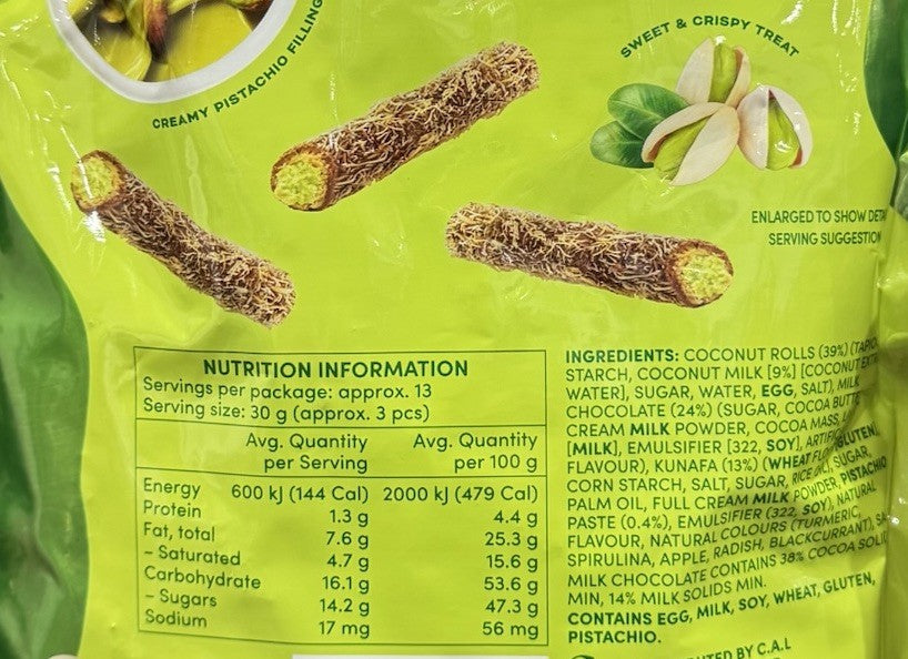 Tropical Fields Dubai-Style Pistachio Kunafa Milk Chocolate Coconut Rolls 400g