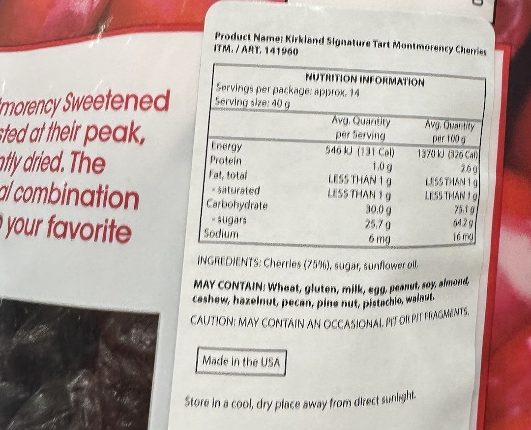 Kirkland Signature Whole Dried Tart Montmorency Cherries Sweetened 567g