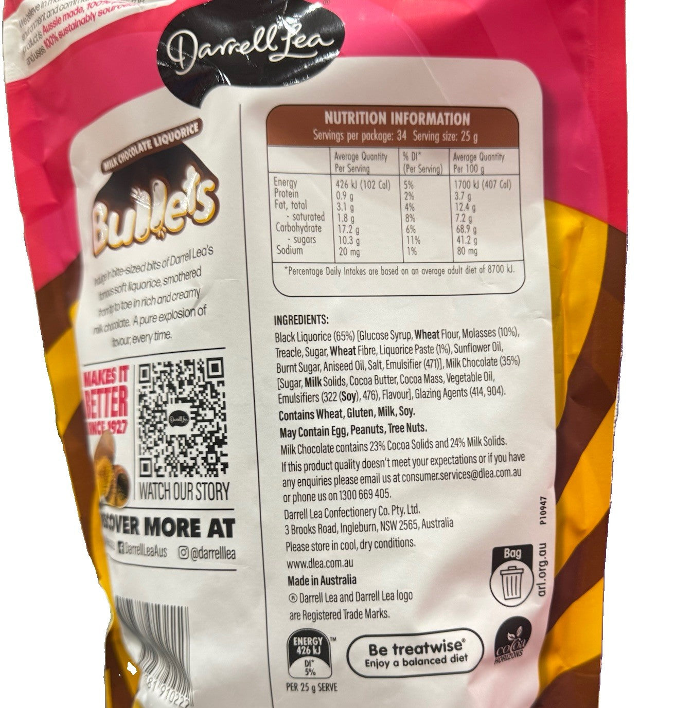 Darrell Lea Milk Chocolate Liquorice Bullets 850g Aussie Lollies Sweets Snack