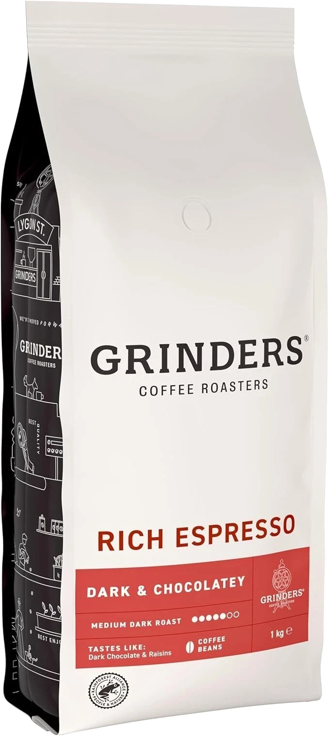 Grinders Rich Espresso Coffee Whole Beans, 1kg, Medium Dark Roast & Chocolatey