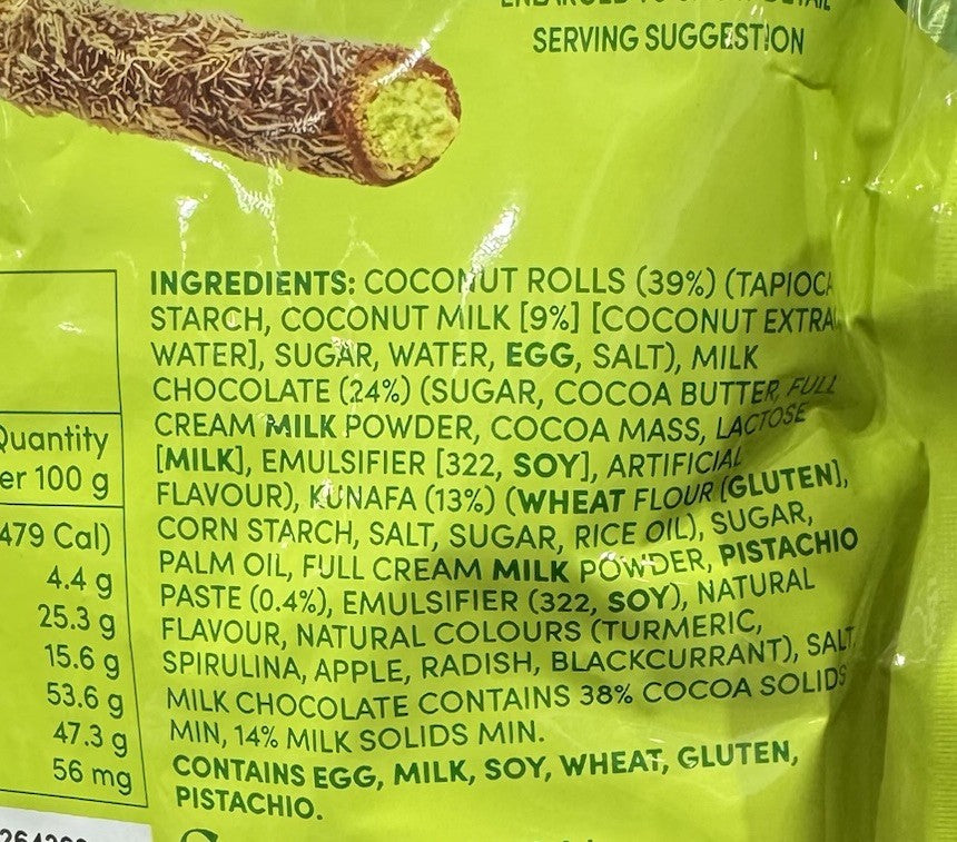 Tropical Fields Dubai-Style Pistachio Kunafa Milk Chocolate Coconut Rolls 400g