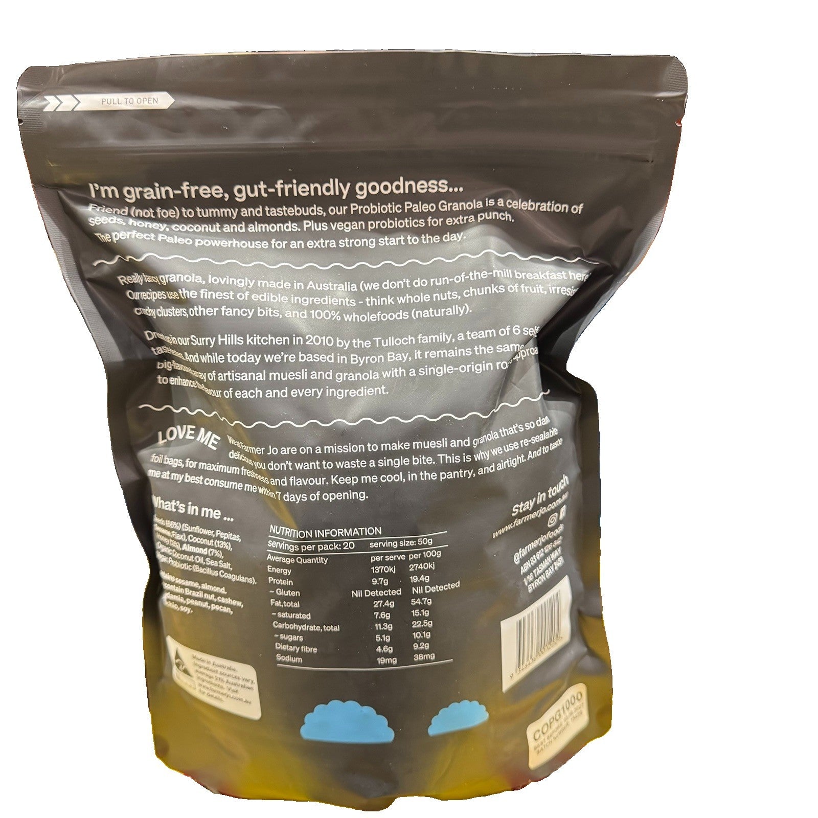 2 PACK x Farmer Jo Paleo Probiotic Granola 1KG with Honey, Coconut & Almond
