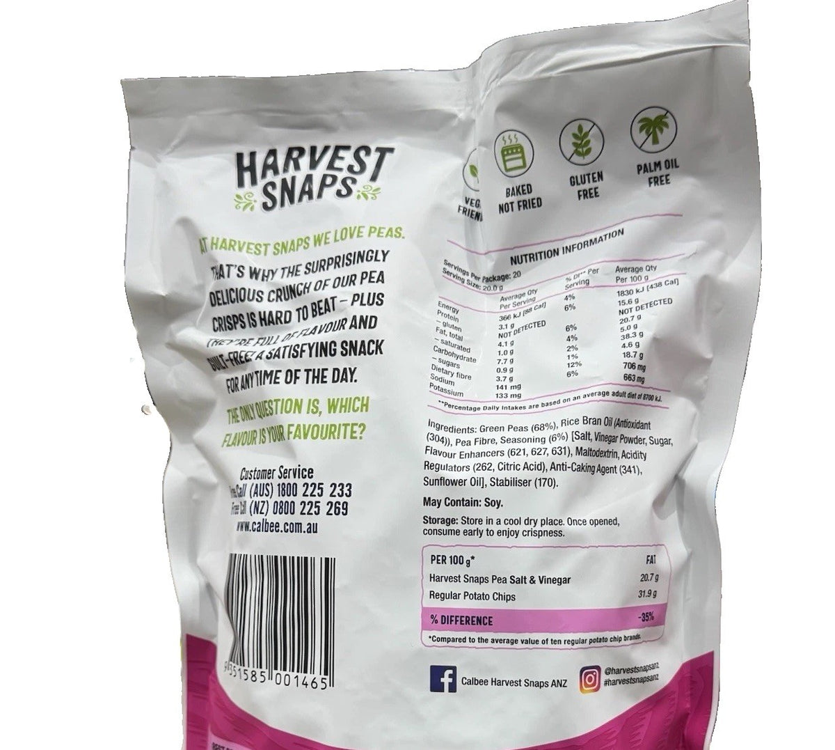 Calbee Harvest Snaps Salt & Vinegar Baked Pea Crisps Snack Chips 400g Big Pack