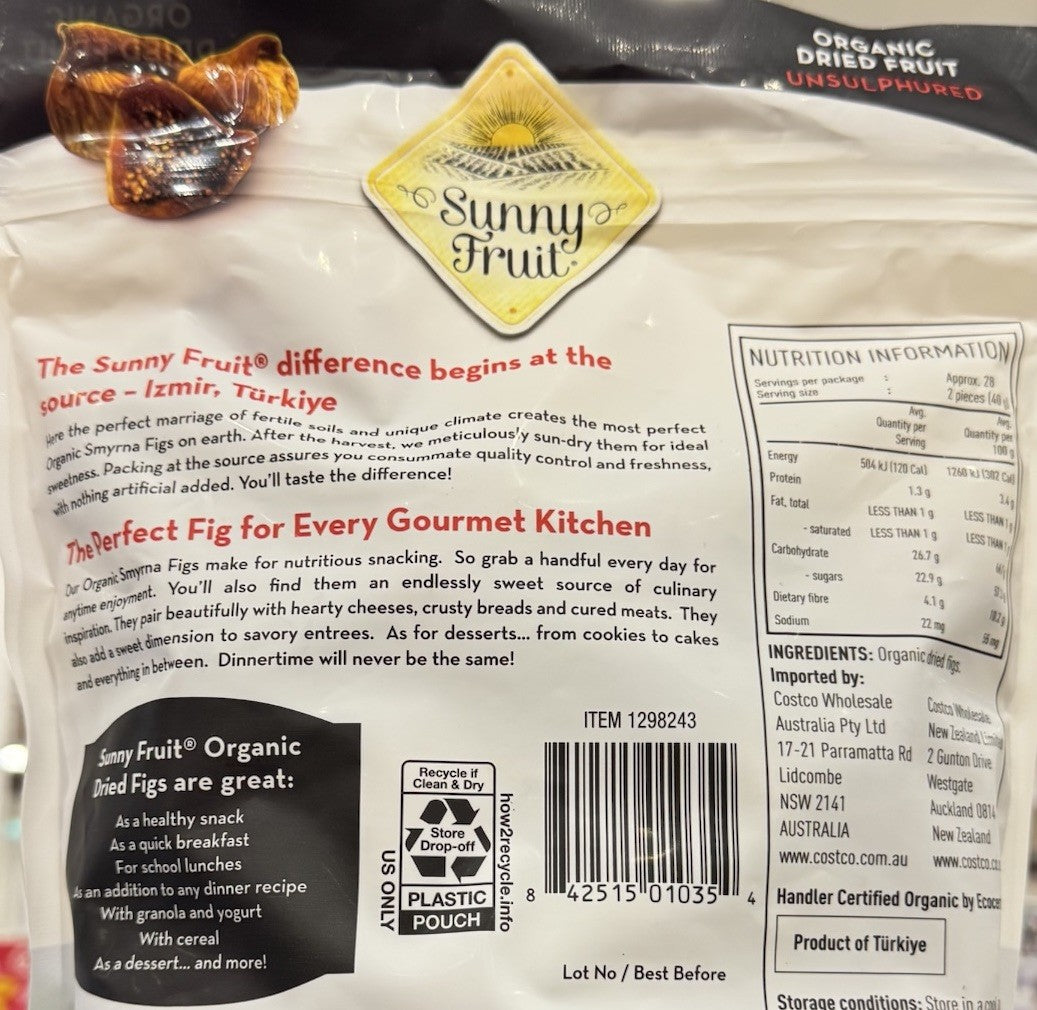 Sunny Fruit Organic Sun Dried Smyrna Figs 1.13kg Unsulphured No Sugar Added