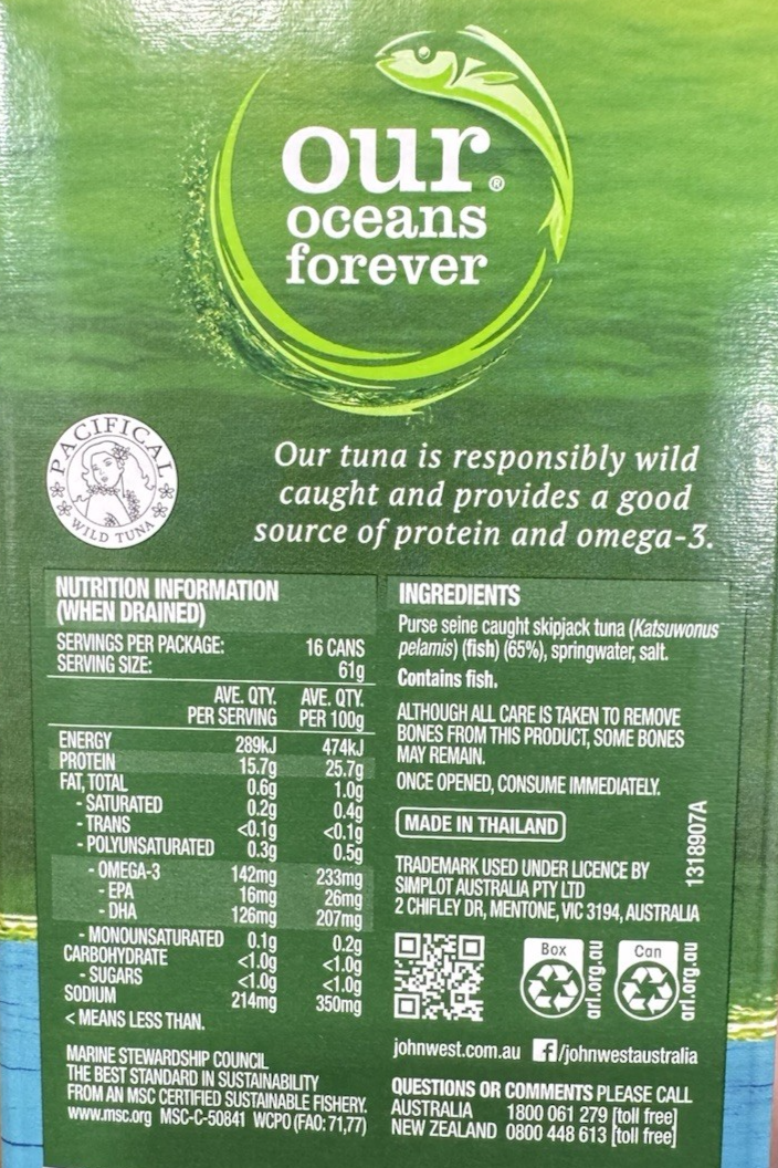 John West Canned Chunky Tuna (16 x 95g) In Springwater Kids Healthy Lunch Snack