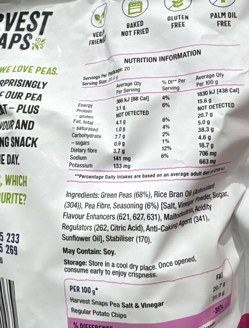 Calbee Harvest Snaps Salt & Vinegar Baked Pea Crisps Snack Chips 400g Big Pack